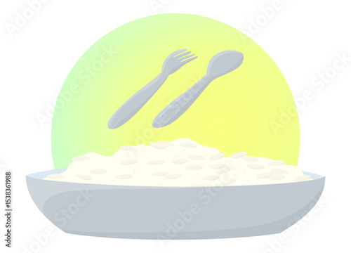Clip art of white rice on plate is served with spoon and fork.