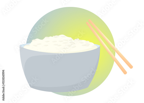 Clip art of white rice on bowl is served with chopsticks.