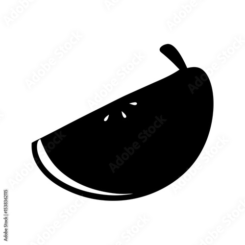 Black and white image of a wedge of fruit with some seeds