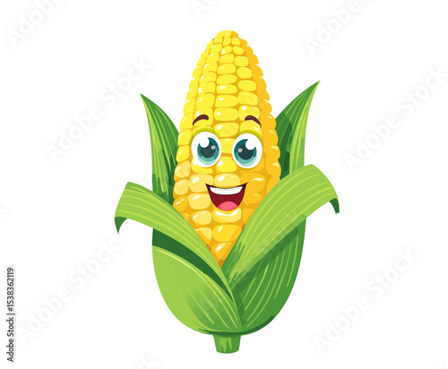 Smiling Cartoon Corn on the Cob Isolated on Transparent Background