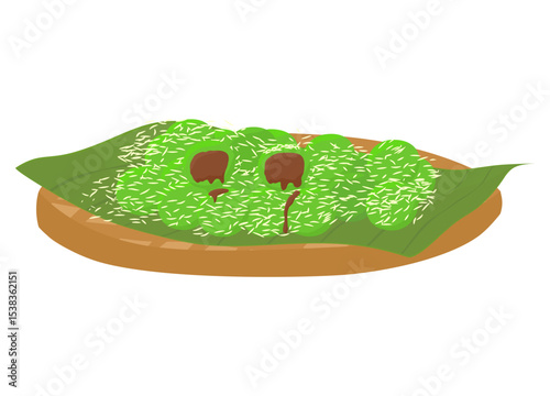 Kue klepon, bitten klepon cake icon clip art, indonesian traditional sweet cake dessert on banana leaves, homemade local snack food indonesia