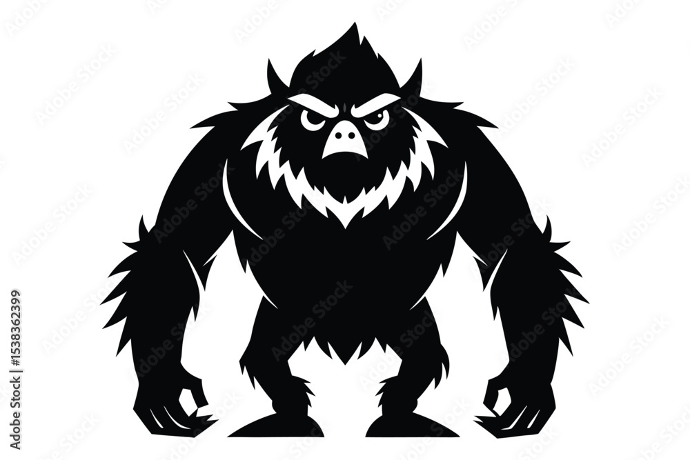 Obraz premium Menacing black yeti figure stands tall, radiating strength and wildness on an isolated white backdrop