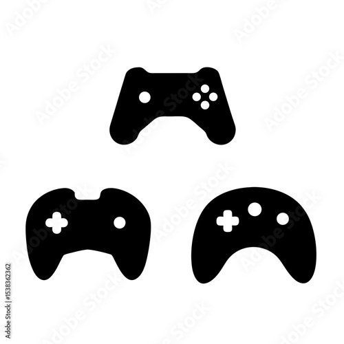 Three Stylized Black and White Video Game Controller Silhouettes on a White Background