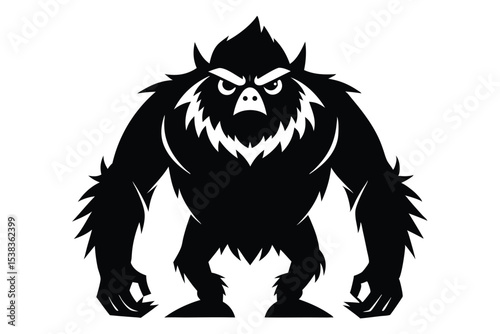 Menacing black yeti figure stands tall, radiating strength and wildness on an isolated white backdrop