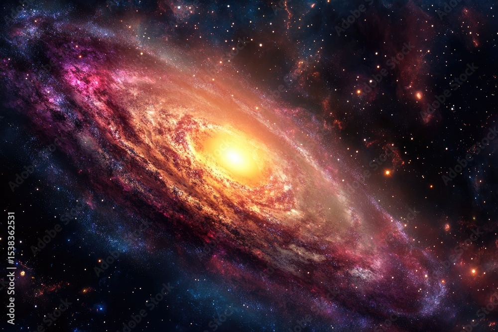 Obraz premium A vibrant spiral galaxy ablaze with stellar formations in the vast expanse of space.