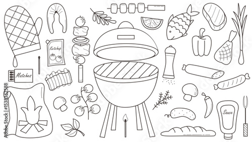 Set of Sunday summer picnic doodle sketch style. Barbecue, coals, matches, steak, fish, sausages, shashlik, vegetables - hand drawn icons. Fast street food, weekend, outdoor recreation, vector