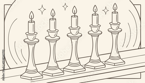 Set of Lit Candles: A collection of six line-drawn candles, each with a flickering flame, offering a classic, illuminated glow against a soft background.   