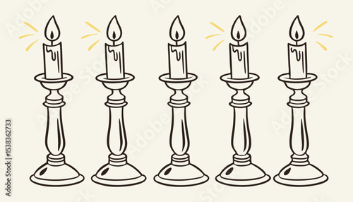 Set of Lit Candles: A collection of six line-drawn candles, each with a flickering flame, offering a classic, illuminated glow against a soft background.   