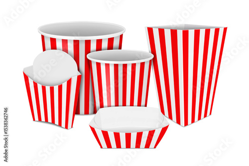 Takeout street food paper packaging. Mockup set. Red and white striped design. Easy editable template. Takeaway snack paperboard container kit. Bucket, bowl, box, bag, tray. Realistic vector mock-up