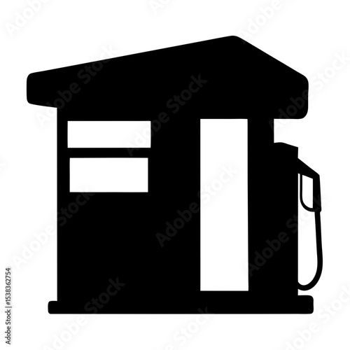 Black silhouette of a gas station with pump on white background