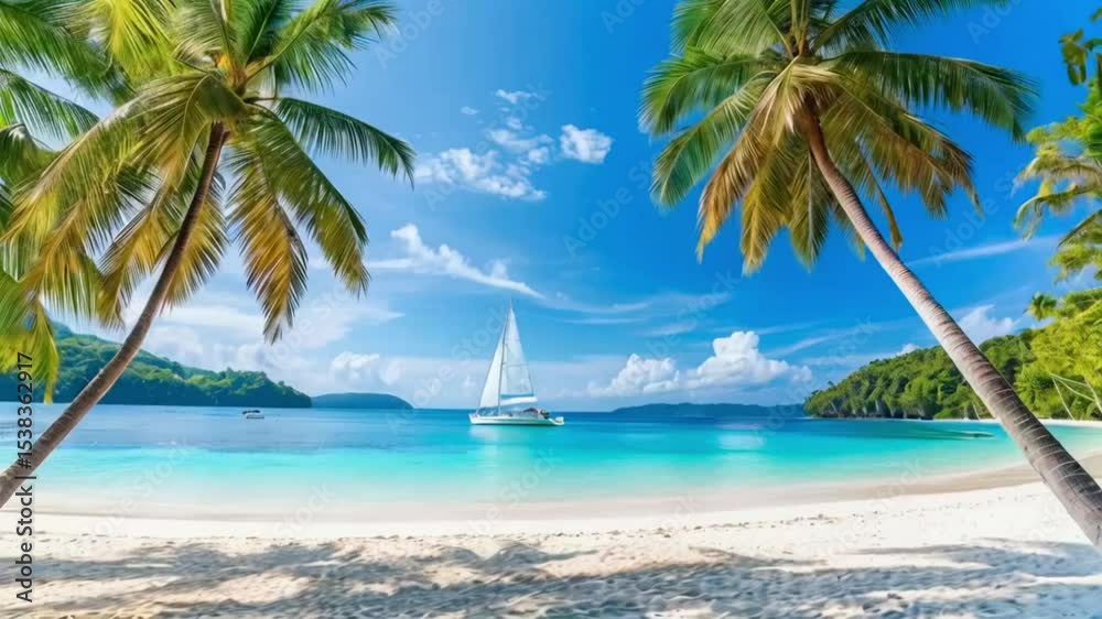 Beautiful landscape of tropical beach on Boracay island, Philippines. Coconut palm trees, sea, sailboat and white sand. Nature view. Summer vacation concept