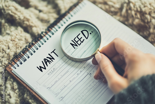 A person is holding a magnifying glass over a list on a notepad. The words 