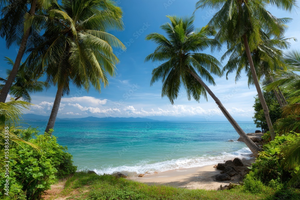 Fototapeta premium Beach scene with turquoise water palm trees and distant mountains under a blue sky