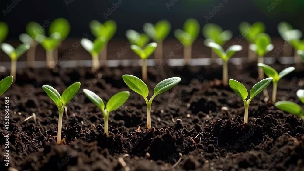 Young seedlings emerging from fertile soil, showcasing new growth, greenery, and the promise of a healthy harvest, in a sustainable environment. Young seedlings emerging from fertile soil, showcasing new growth, greenery, and the promise of a healthy harvest, in a sustainable environment.