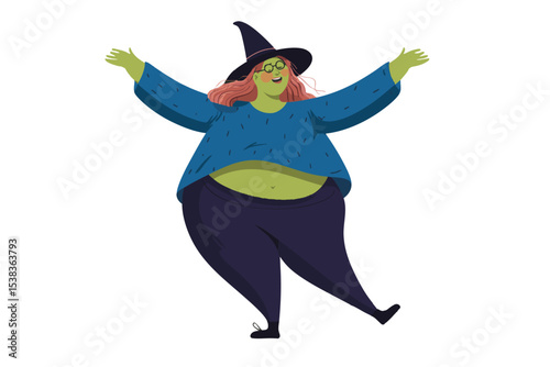 Green witch fantasy character in halloween costume illustration