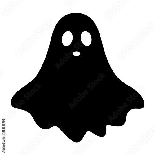 Spooky black ghost with two oval eyes and small oval mouth, Halloween illustration