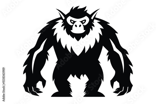 A stylized black yeti with pointed ears is standing menacingly, its gaze intense