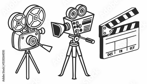 Collection of Movie Camera Icons in Outline Style Representing Film Cinema and Video Production Featuring Various Camera Designs and a Clapperboard all in Black and  white          