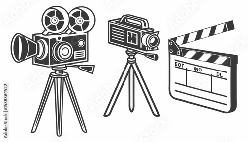Collection of Movie Camera Icons in Outline Style Representing Film Cinema and Video Production Featuring Various Camera Designs and a Clapperboard all in Black and  white          