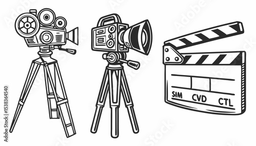 Collection of Movie Camera Icons in Outline Style Representing Film Cinema and Video Production Featuring Various Camera Designs and a Clapperboard all in Black and  white          