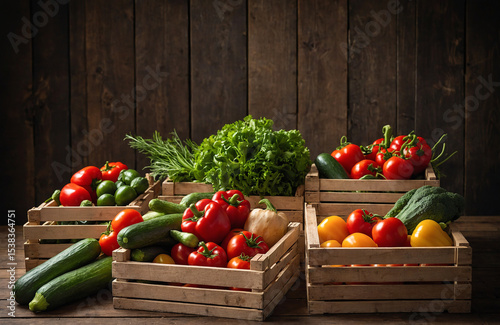 Assorted Fresh Vegetables Neatly Arranged in Wooden Crates