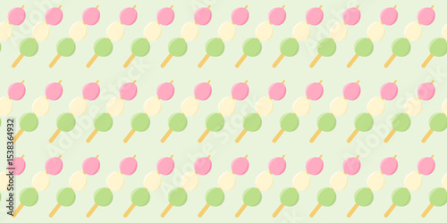 Sanshoku dango pattern vector illustration on light green background. Dango is Japanese traditional snack. Seamless pattern and texture background design.
