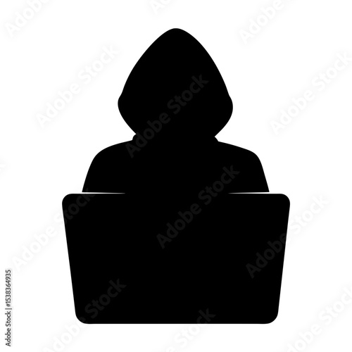 Silhouette of a hacker or programmer in a hoodie using a laptop