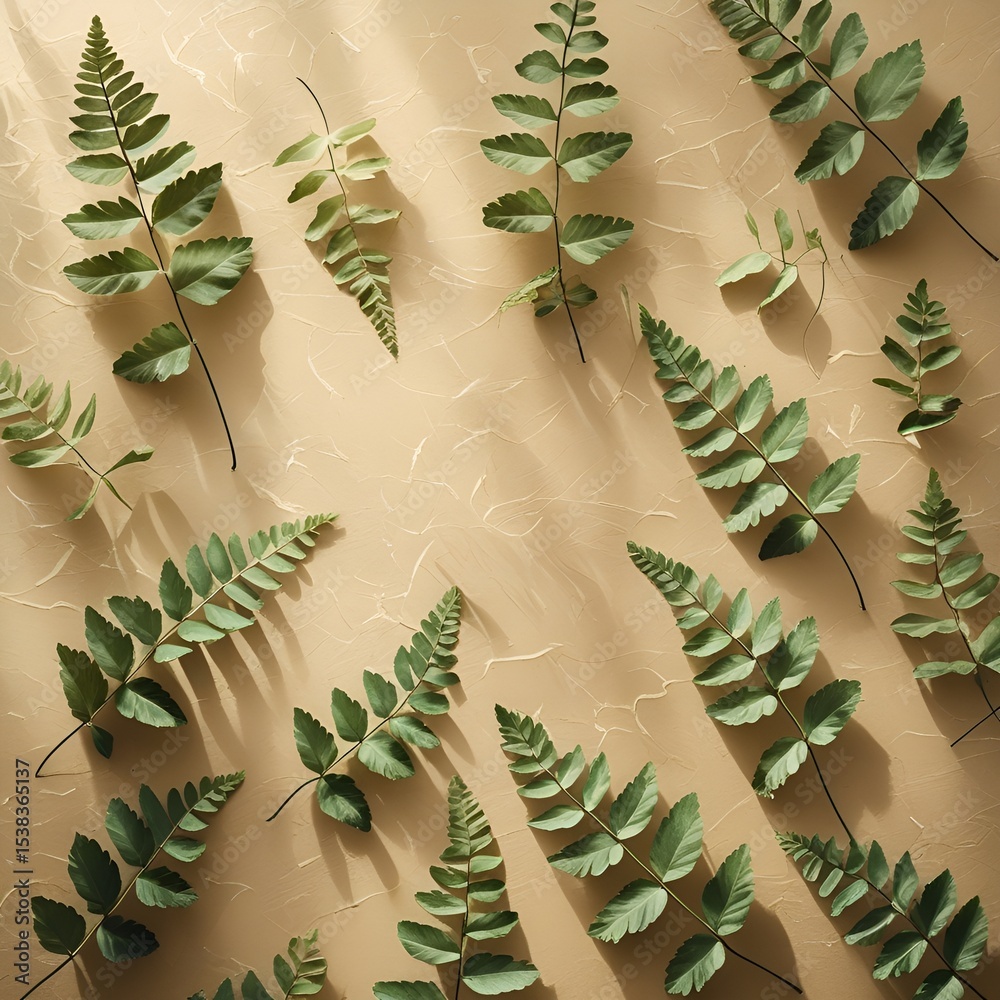 curled fern leaves on beige paper texture, botanical background copy space curled fern leaves on beige paper texture, botanical background copy space
