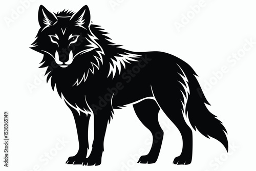 A sleek black wolf stands alertly, its detailed fur and sharp features clearly visible