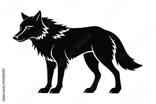 The stylized black wolf gazes steadfastly ahead with its thick coat, appearing resolute