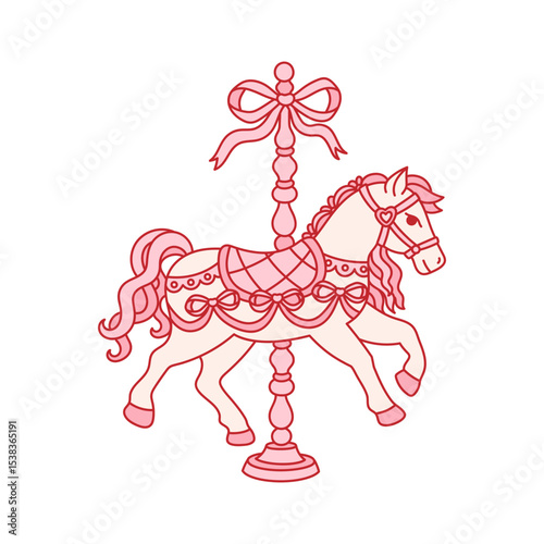 Vintage toy, carousel horse stylized in coquette aesthetic. Whimsical trendy animal with bow ribbon. Old fashioned pink children toy. Vector isolated clip art