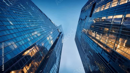 Modern Skyscrapers Against Blue Evening Sky in Urban Landscape