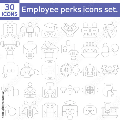 Employee perks icons set. Incentive program. Work environment. Increase productivity. Reward system. Isolated vector illustrations.