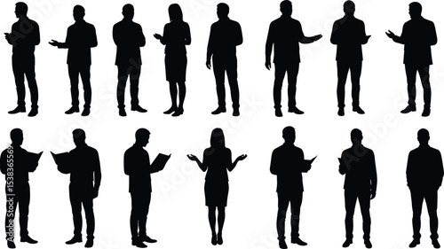 Silhouettes of business people standing, presenting, reading documents, discussing ideas, male and female characters, black figure design, vector illustration