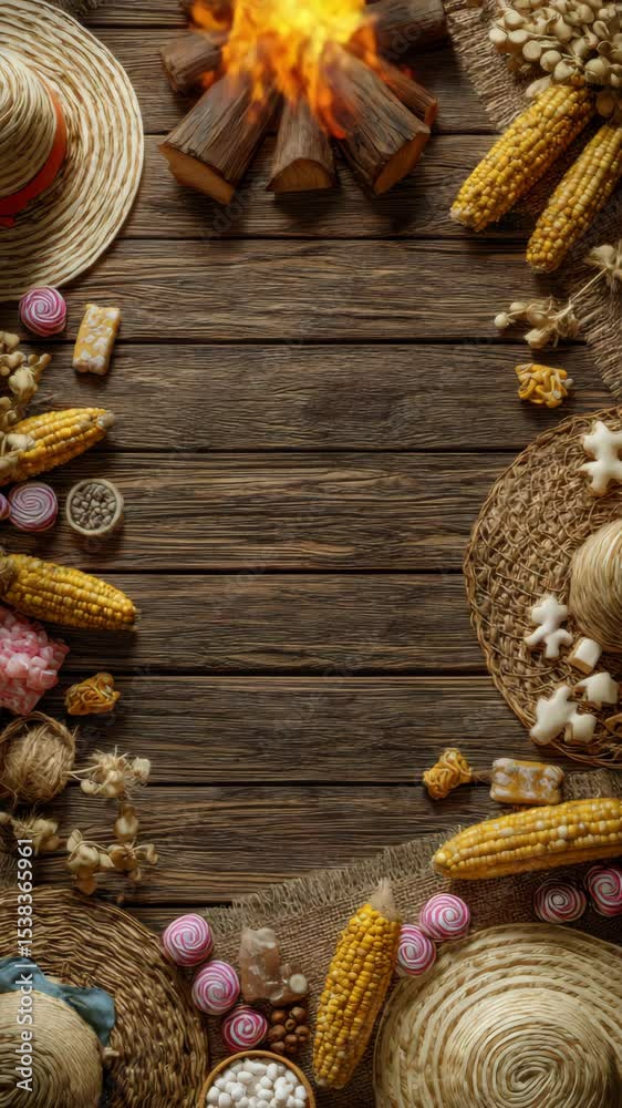 Festa Junina celebration frame with bonfire, corn, straw hats, and typical sweets on a rustic wood background. Top view.

