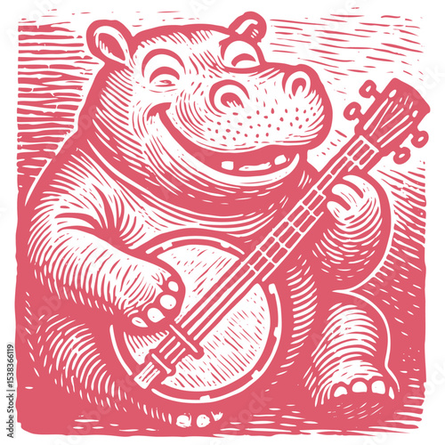 Happy hippopotamus playing banjo vector. Funny musical animal in detailed linocut, woodcut style. Cheerful character. Retro folk, country music art.