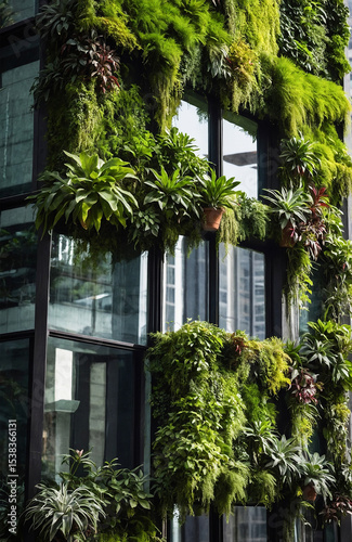 Vertical Green Wall Reflected in Modern Glass Building