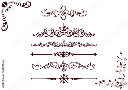 Vintage vector floral design elements set with ornate calligraphic swirls, leaves, and corner silhouettes for decoration and borders