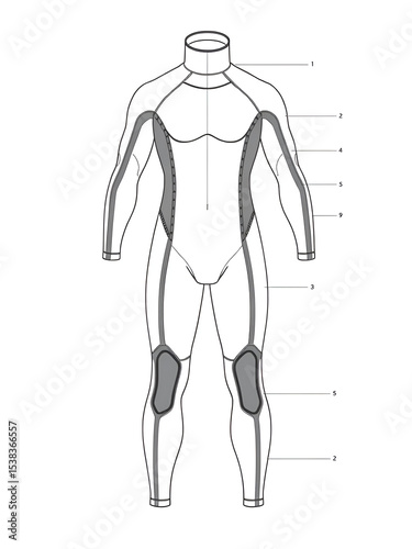 Fashion technical drawing of a wetsuit with sleeves and stand collar