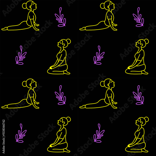 Vector seamless pattern with glowing neon silhouettes of women in yoga poses and decorative leaves on black background. Perfect for digital wellness, fitness branding, and modern calm-themed design.
