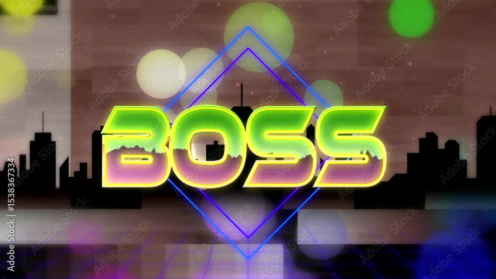 Flickering neon outline starting BOSS forming on retro skyline, diamond frame pulsing bokeh lights