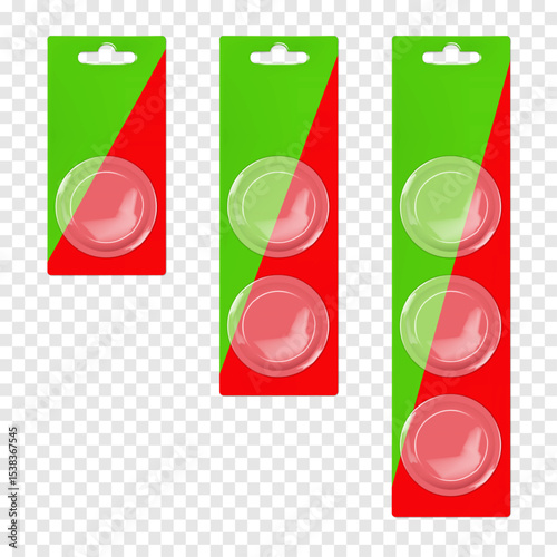 Hanging cardboard and clear plastic round blister box. Realistic 3d vector mockup set. Blank individual circle sleeve packaging with euro hole hanger. Mock-up. Easy to edit. Template for design