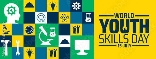 World Youth Skills Day background or banner design. Colorful Grid with Diverse Icons Science, Sports, Tools, Tech, Human Figures on Green, Yellow, and Blue Background.