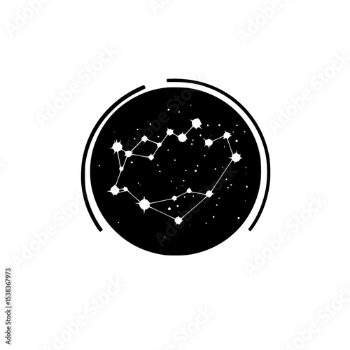 Starry night sky with constellation icon in black and white design showcasing celestial beauty
