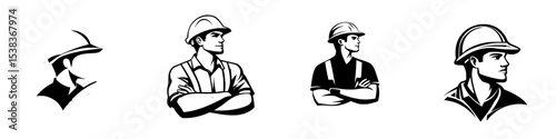 Illustrative collection of black icons representing various construction worker archetypes in different poses
