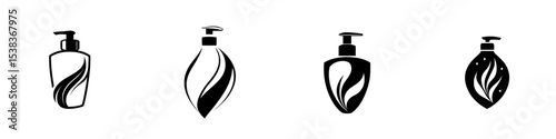 Black icons representing different types of bottles with elegant designs, suitable for various personal care products and cosmetics