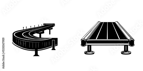 Set of black icons depicting a curved conveyor belt and a straight conveyor belt for industrial use or design purposes