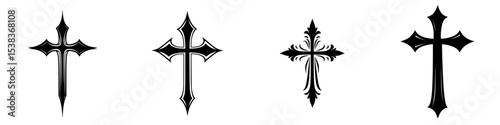 Various designs of black crosses displayed in a row for artistic inspiration and religious symbolism