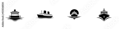 Set of black icons representing various types of ships and cruises on a calm water background for graphic design purposes