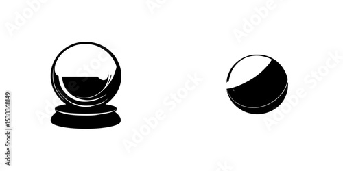 Black icon of a crystal ball and a smaller sphere, representing divination and mystery in a minimalist style